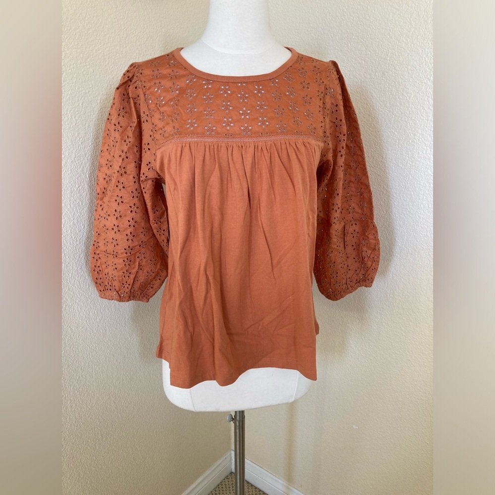 NWT J. Crew Brunt Orange Eyelet cotton top blouse puffed sleeves Size S